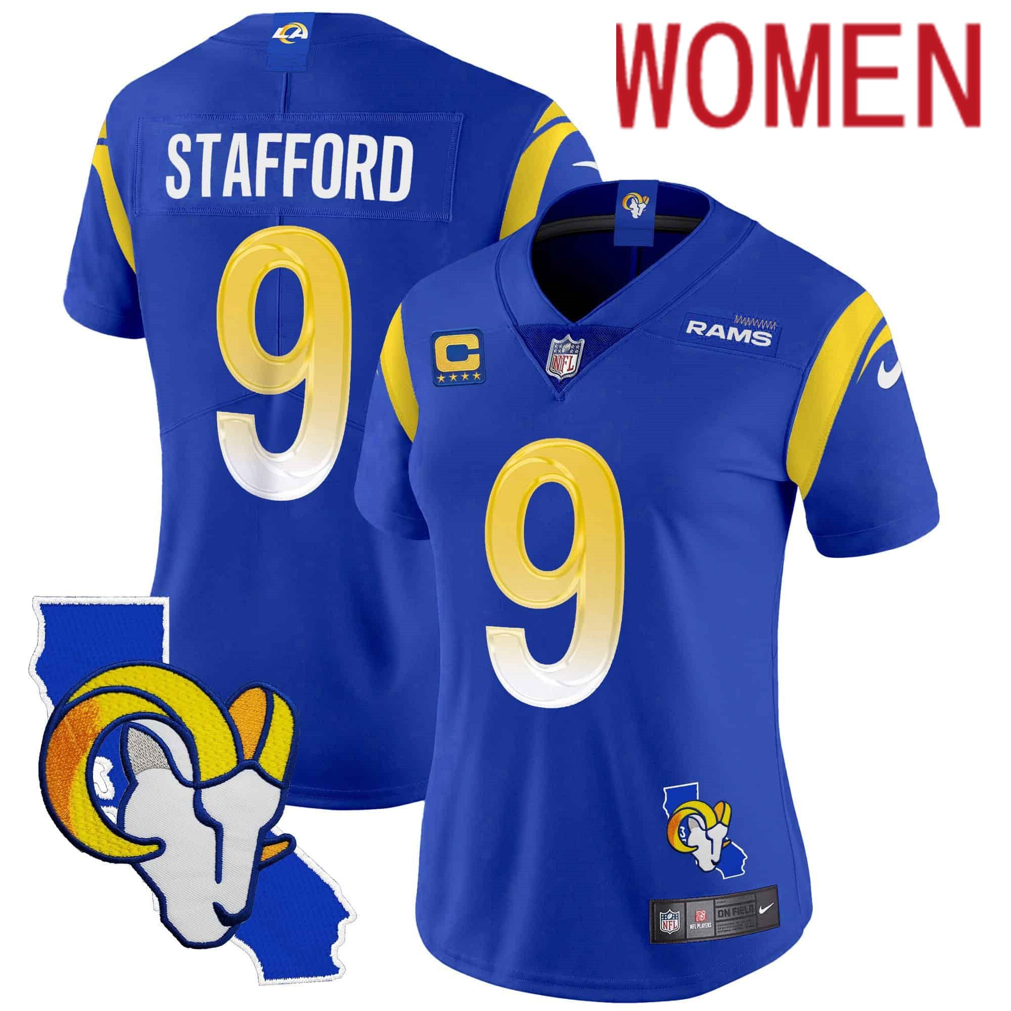 Women Los Angeles Rams 9 Stafford Blue 2024 Nike California Patch Vapor Limited NFL Jersey style 1